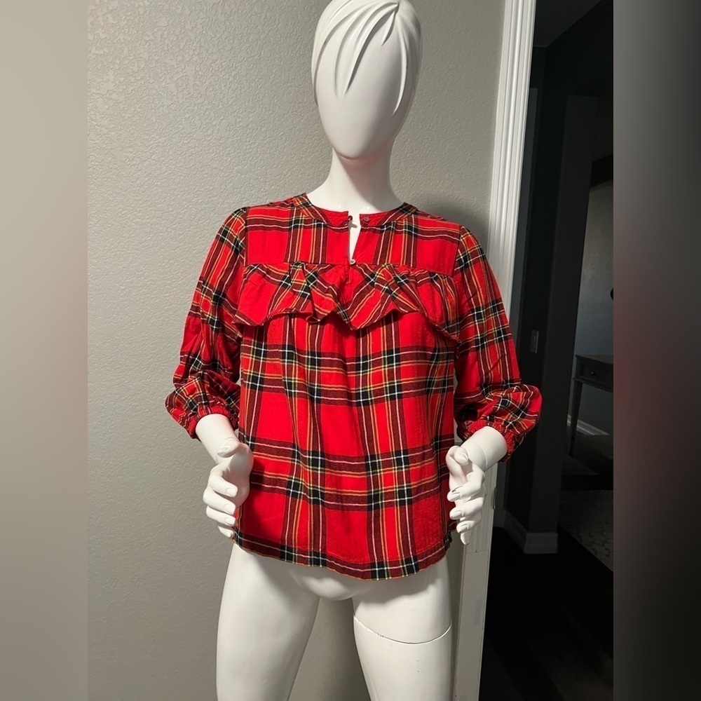 J Crew Ruffle Top in Festive Plaid Red Sz PM